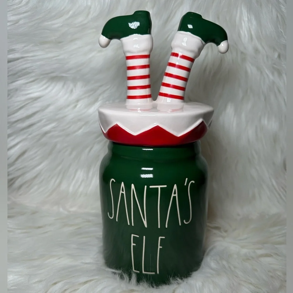 Rae Dunn Santa's Elf Canister with Elf Legs Topper Green and Red